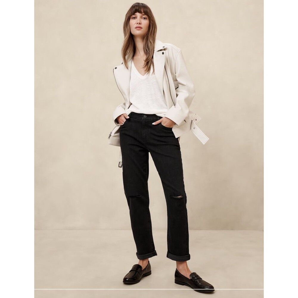 Banana Republic Womens Girlfriend Mid Rise Distressed‎ Jeans Size 10 Tall Black